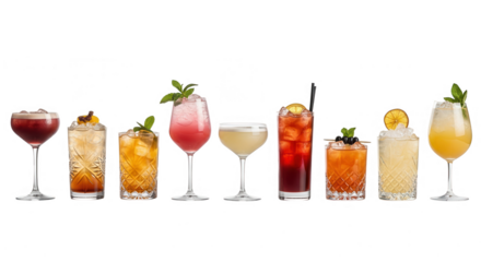 Variety of colorful cocktails isolated on transparent background