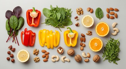 A rich display of nutrient-dense ingredients like colorful bell peppers, bright citrus fruits, crisp leafy greens, and assorted nuts, promoting a foundation for a healthy diet and vitality