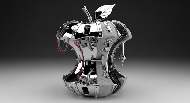 Futuristic metallic apple sculpture with industrial design elements, a captivating blend of nature and technology, ideal for modern art enthusiasts and innovative tech companies branding