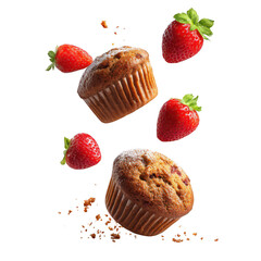 Two muffins and strawberries isolated on transparent background