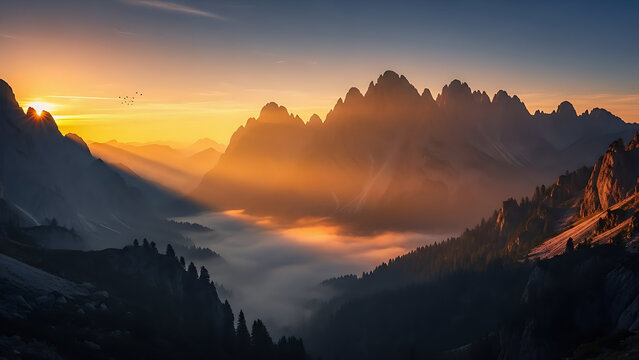 Golden Sunrise Over Misty Mountain Valley
