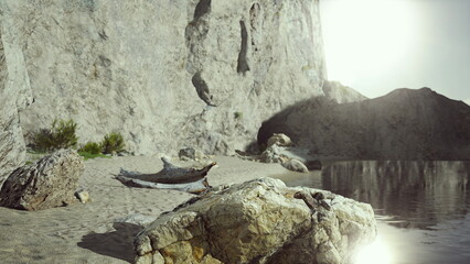 Golden sunlight softly touches the serene water, reflecting the rugged cliffs nearby. A quiet beach scene with smooth rocks and gentle waves invites calm and peace.