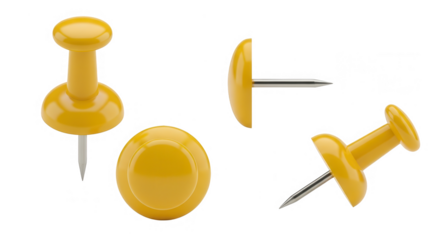 Set of yellow push pins shown from various angles isolated on transparent background