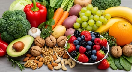 A vibrant and colorful assortment of fresh fruits, vegetables, and nuts, showcasing a healthy and nutritious diet