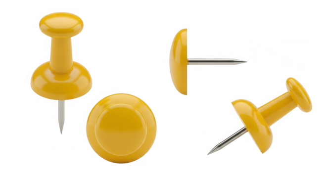 Set of yellow push pins shown from various angles isolated on transparent background
