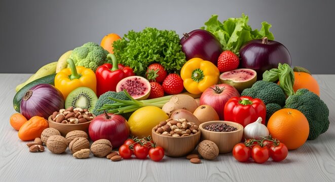 A vibrant and diverse assortment of fresh fruits, vegetables, and nuts, perfectly arranged for healthy eating, balanced nutrition, and holistic well-being - Powered by Adobe