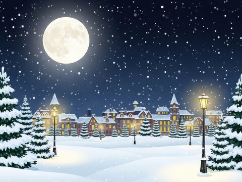 Charming snowy winter village under a full moon and falling snow.