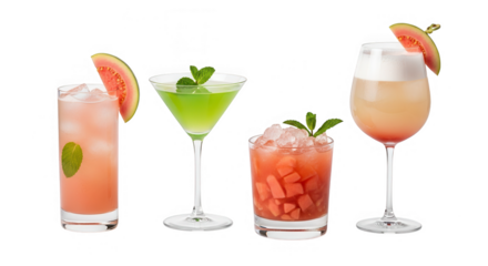 Four colorful cocktails with fruit garnish isolated on transparent background
