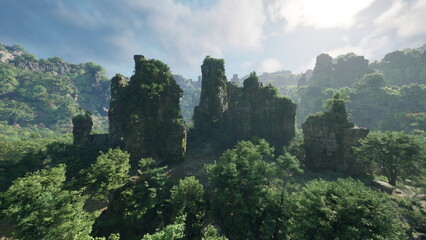 Towering rock formations rise proudly amidst vibrant green trees, with sunlight filtering through the foliage. This serene landscape invites exploration and adventure in natures embrace.