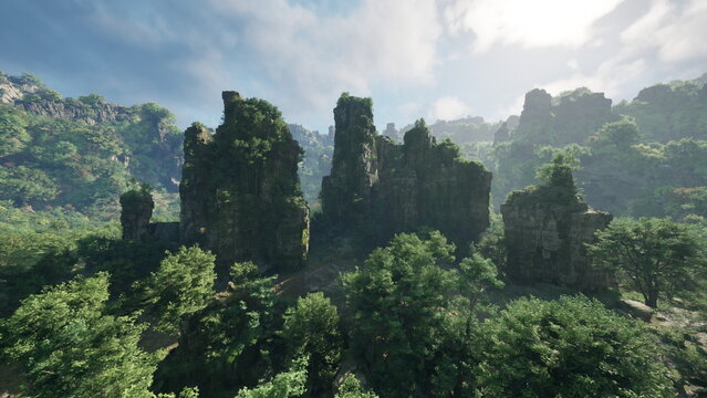 Towering rock formations rise proudly amidst vibrant green trees, with sunlight filtering through the foliage. This serene landscape invites exploration and adventure in natures embrace.