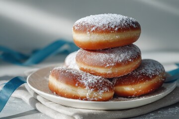 powdered sufganiyot donuts stacked on white plate with blue ribbon in bright studio light during hanukkah celebration concept of bakery business, food advertising, cafe branding