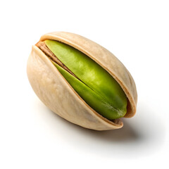 Single open pistachio nut macro on white background