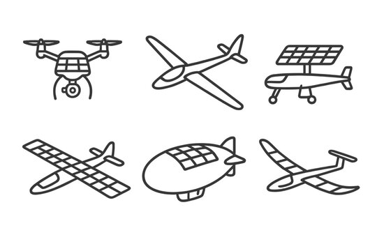 Solar-Powered Aircraft Icons. Line style icons of solar-powered aircraft: drone with solar wings, fixed-wing glider icon, UAV with