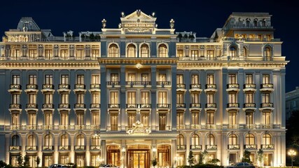 A grand luxury hotel facade illuminated at night with elegant architecture.