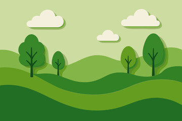 Obraz premium Minimalist Green Landscape. Artistic paper-cut scene of a green landscape with rolling hills and trees, minimalist and cheerful