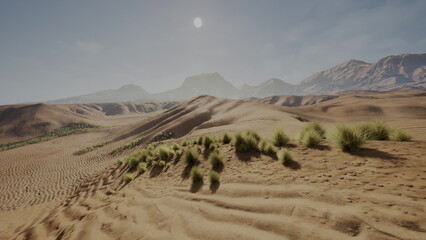 Golden sand stretches across the scene, gentle hills rise under the midday sun, while sparse green grasses add life. Distant mountains create a tranquil horizon, enhancing the beauty of nature.