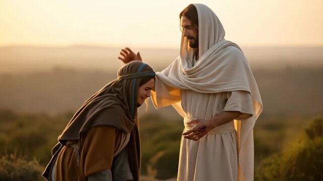 Woman encountering resurrected Jesus Christ and his holy presence in ancient attire, an Easter spiritual forgiveness concept