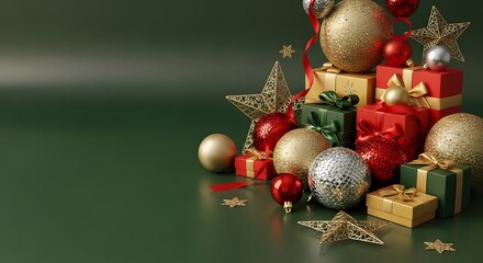 Festive Christmas and New Year Decorations with Glittering Ornaments, Wrapped Gifts, and Stars on a Deep Green Background