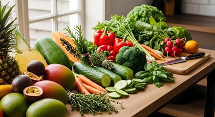 A vibrant assortment of fresh fruits and vegetables displayed on a wooden table, showcasing a healthy and colorful selection for a balanced diet and wholesome eating