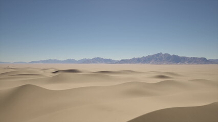 Vast golden sand dunes roll gently towards distant mountain ranges under a bright blue sky. The sun shines warmly on the untouched desert, creating a serene and peaceful atmosphere.