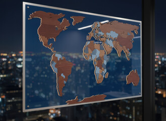 Wooden world map under glass, suspended against a dark window overlooking a blurred, sparkling cityscape at night.