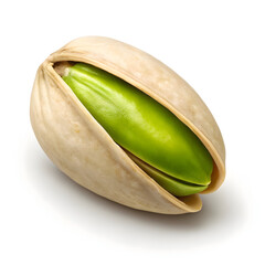 Single open pistachio nut macro on white background