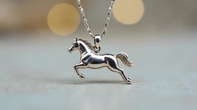 Video A silver horse pendant on a silver chain, perfect for jewelry or accessory shoots