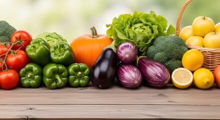 A vibrant and colorful assortment of fresh organic vegetables and fruits from the autumn harvest arranged on a rustic wooden table
