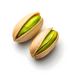 Pair of pistachio nuts standing vertically on white