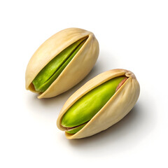 Two open pistachio nuts isolated on clean white background