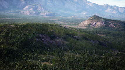 A serene view unfolds with rolling hills covered in lush green grass. Majestic mountains rise in the background, bathed in soft morning light. The calm atmosphere invites tranquility.