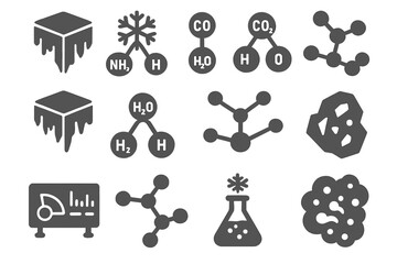 Icy Chemistry Icons. Solid style icons of icy body chemistry: frozen methane, carbon monoxide, carbon dioxide, ammonia ice, water