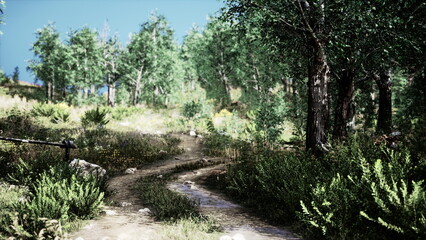 Lush greenery surrounds a gentle path that twists through a sunny forest. Sunlight filters through leaves, casting playful shadows onto the ground. Nature thrives in this peaceful setting.