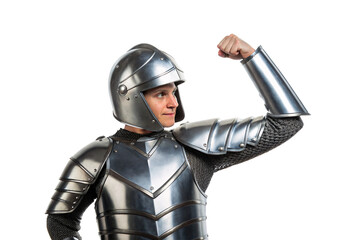 Person in medieval armor flexing arm, isolated on a transparent background