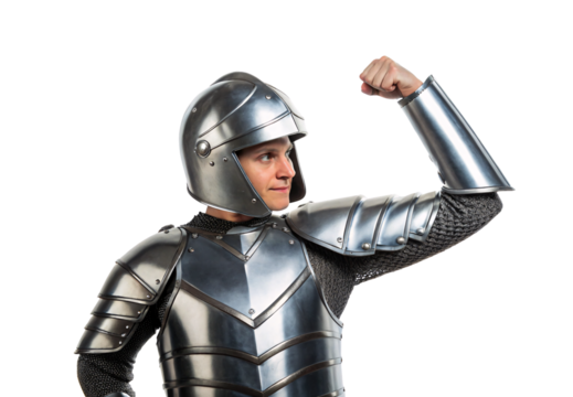 Person in medieval armor flexing arm, isolated on a transparent background