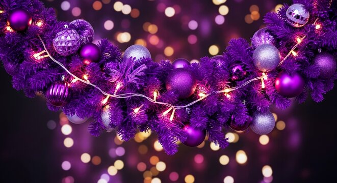 Purple Christmas garland with ornaments and fairy lights on dark background - Powered by Adobe