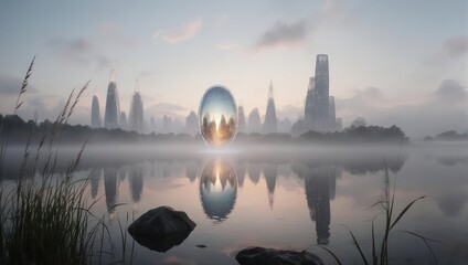 Naklejka premium A reflective orb floats amidst a futuristic city and a serene lake at dawn