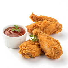 Fried chicken with ketchup dip on clean white background