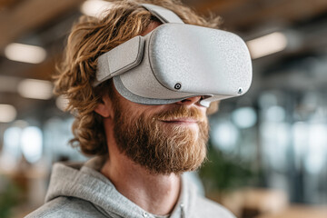 Close-up of a young man wearing a modern VR headset, immersed in virtual reality, with futuristic reflections on the visor, symbolizing cutting-edge technology, gaming, and immersive digital
