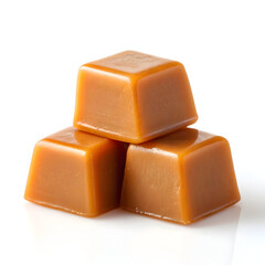 Stacked caramel candy cubes on white background