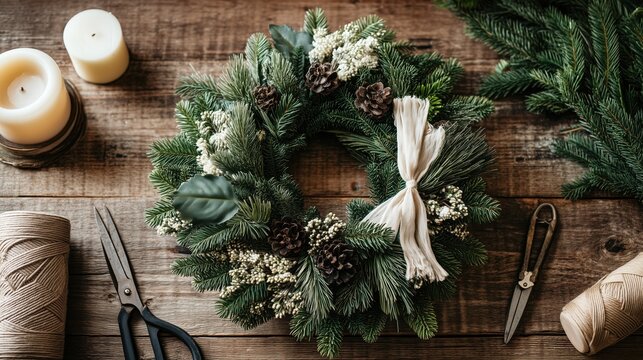 Christmas wreath making flat lay with pine branches, ribbon and crafting tools