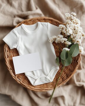 Neutral baby onesie in wicker basket with flowers and blank card mockup