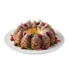 Elegant Tiramisu Ring Decorated as a Christmas Crown with Cranberries, Candy Canes, and Rosemary isolated on a transparent background 