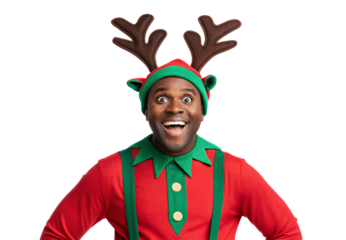 Enthusiastic man in elf costume with reindeer antlers spreading arms wide, isolated on a transparent background