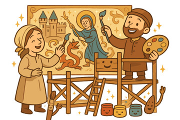Animated Mural Restoration. Magical doodle medieval mural restoration with smiling artists, cartoon scaffolding waving, cheerful