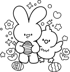 Easter line drawing cute bunny, chicken, egg, cute illustration