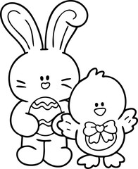 Easter line drawing cute bunny, chicken, egg, cute illustration