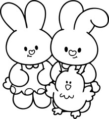 Easter line drawing cute bunny, chicken, egg, cute illustration