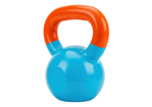 Isolated blue kettlebell with orange handle for strength training and fitness exercises