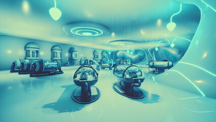 In a bright and sleek interior reminiscent of a spaceship, advanced technology is on display. Unique pods and glowing elements create an atmosphere of science fiction and innovation.